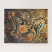 Puzzle Oiseau bleu et jaune sur vignes florales dorées (Horizontal)