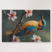 Puzzle Oiseau Bleu Or avec Fleurs Blanches (Horizontal)