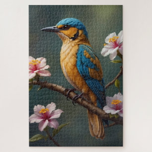 Puzzle Oiseau Bleu Or avec Fleurs Blanches