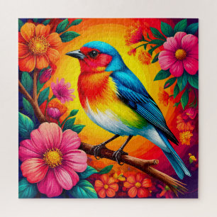 Puzzle Oiseau Coloré Perché Parmi des Fleurs Vibrantes