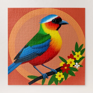 Puzzle Oiseau Coloré Perché Parmi des Fleurs Vibrantes