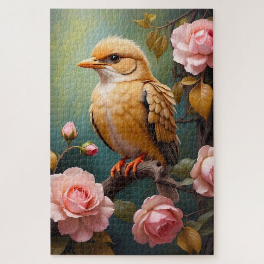 Puzzle Oiseau doré avec roses roses botaniques (Vertical)