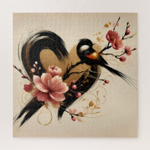 Puzzle Oiseau noir et cœur de fleur de cerisier
