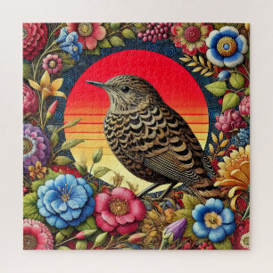 Puzzle Oiseau parmi des fleurs colorées
