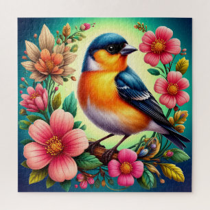 Puzzle Oiseau perché parmi des fleurs colorées