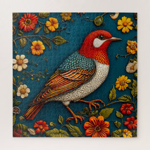 Puzzle Oiseau perché parmi des fleurs colorées