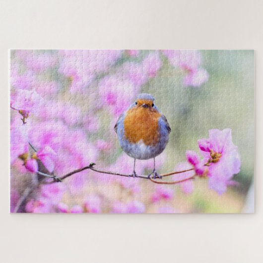 Puzzle Oiseau printanier aux fleurs roses (Horizontal)