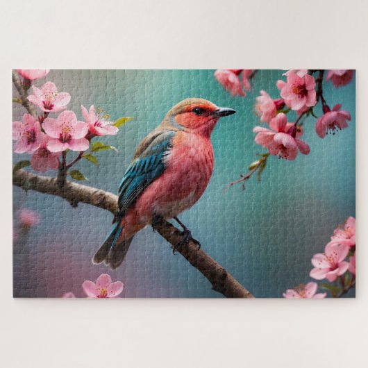 Puzzle Oiseau Rose Bleu avec Fleurs de Cerisier (Horizontal)