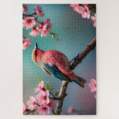 Puzzle Oiseau Rose Bleu avec Fleurs de Cerisier (Vertical)