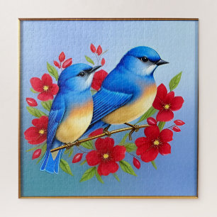 Puzzle Oiseaux bleus colorés perchés parmi les fleurs rou
