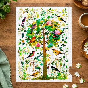 Puzzle Oiseaux colorés dans un arbre en fleurs