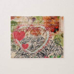 Puzzle Oiseaux de l'amour Cœur Rouge Collage d'art