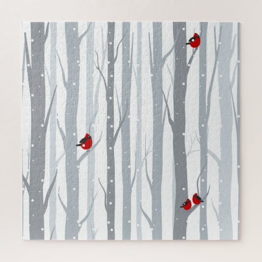 Puzzle Oiseaux d'hiver : Arbres gris, Oiseaux rouges (Vertical)