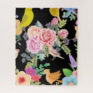 Puzzle Oiseaux et fleurs colorés et vibrants sur fond noi
