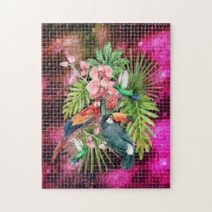Puzzle Oiseaux tropicaux Fleurs exotiques rose violet gla