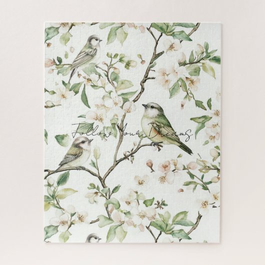 Puzzle Oiseaux verts fleurs blanches arbre (Vertical)