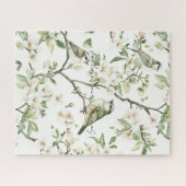 Puzzle Oiseaux verts fleurs blanches arbre (Horizontal)