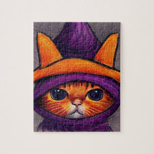 Puzzle Orange Cat with Purple Witch Hat Drawing 