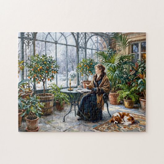 Puzzle Orangerie cosy d'hiver avec Cavalier Spaniel (Horizontal)