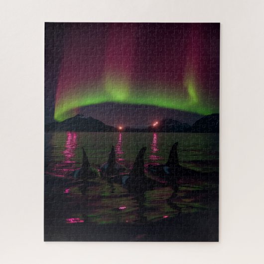 Puzzle Orcas Nage Dans Aurora Violet - Baleine Tueuse (Vertical)