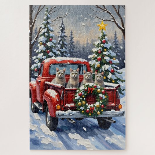 Puzzle Oriental Blue Cat Christmas Red Truck Holiday (Vertical)