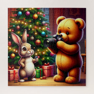 Puzzle Ours adorable et lapin capturant Noël