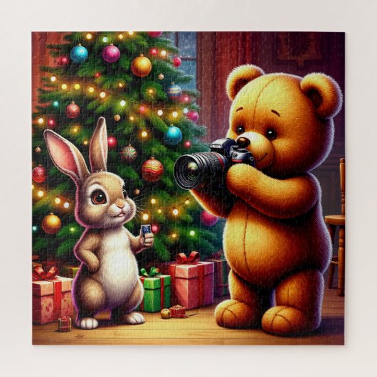 Puzzle Ours adorable et lapin capturant Noël (Vertical)