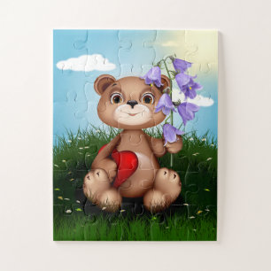 Puzzle Ours en peluche et fleurs au coeur rouge