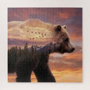 Puzzle Ours grizzli et scène de montagnes en double expos