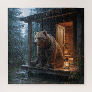 Puzzle Ours Grizzly Assis Sur Le Porche D'une Cabane Cosy