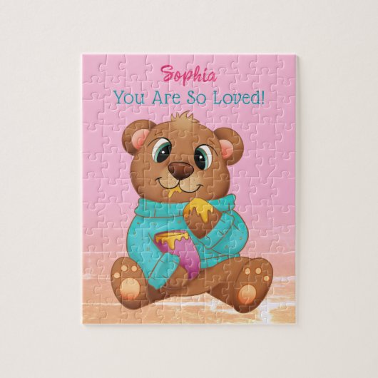 Puzzle Ours mignon mangeant du miel, nom de l'enfant/mess (Vertical)
