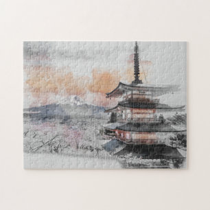 Puzzle Pagode japonaise aquarelle & Mont Fuji Paysage 