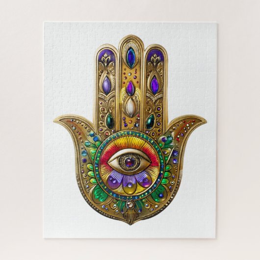 Puzzle Painted Gold Hamsa Amethyst Ruby Third Eye (Vertical)