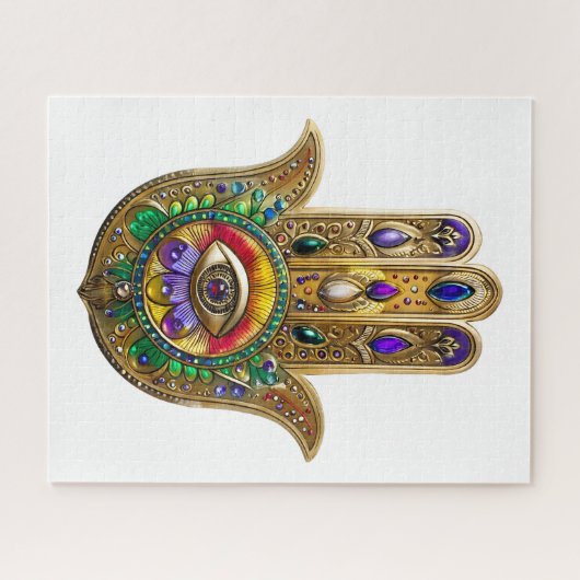 Puzzle Painted Gold Hamsa Amethyst Ruby Third Eye (Horizontal)