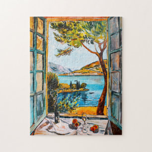 Puzzle Painting breakfast on window view Mediterran sea