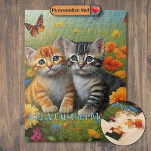 Puzzle Paire de chatons, fleurs orange, papillons