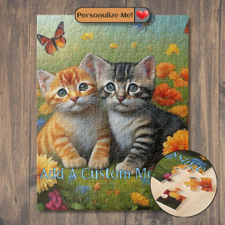 Puzzle Paire de chatons, fleurs orange, papillons