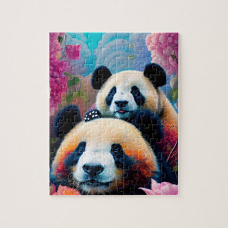 Puzzle Panda Bear et Cub avec Fleurs