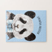 Puzzle Panda D'Aquarelle Moderne Avec Nom Et Bleu Pastel (Horizontal)