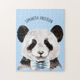 Puzzle Panda D'Aquarelle Moderne Avec Nom Et Bleu Pastel