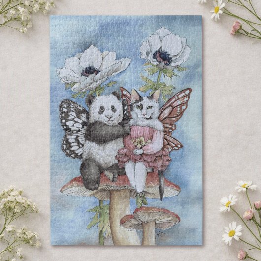 Puzzle Panda et chat fée amis avec des fleurs d'anémone