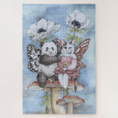 Puzzle Panda et chat fée amis avec des fleurs d'anémone (Vertical)