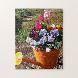 Puzzle Pansy Flowers and Watering Can Photo