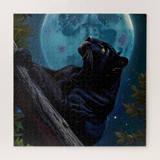 Puzzle Panthe noir mignon posé sur une lune bleue d'arbre (Horizontal)