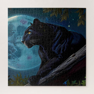 Puzzle Panthe noir mignon posé sur une lune bleue d'arbre