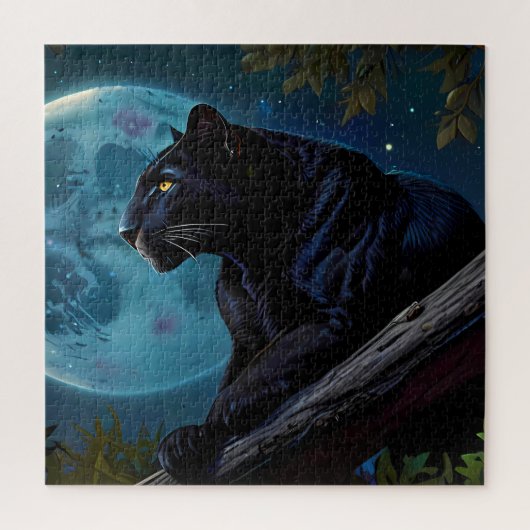 Puzzle Panthe noir mignon posé sur une lune bleue d'arbre (Vertical)