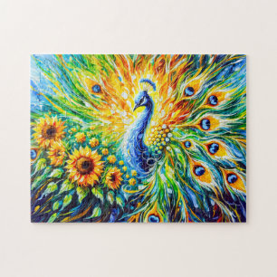 Puzzle Paon Abstrait avec Tournesols en Peinture