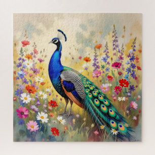Puzzle Paon bleu et turquoise dans les fleurs