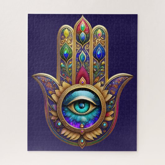 Puzzle Paon Doré Couleurs Hamsa Saphir Troisième Œil (Vertical)