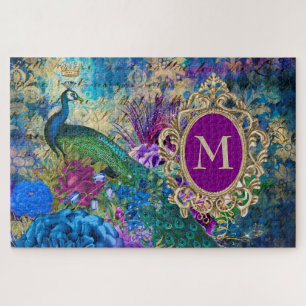 Puzzle Paon Élégant Vintage Violet Turquoise Or Monogramm